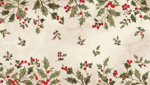 Framing watercolor holly sprigs and red berry clusters on vintage cream paper background