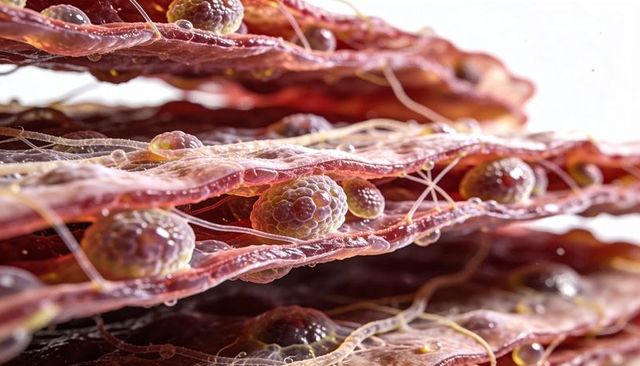 Microscopic crimson membranes hosting glossy spherical nodules and filament network