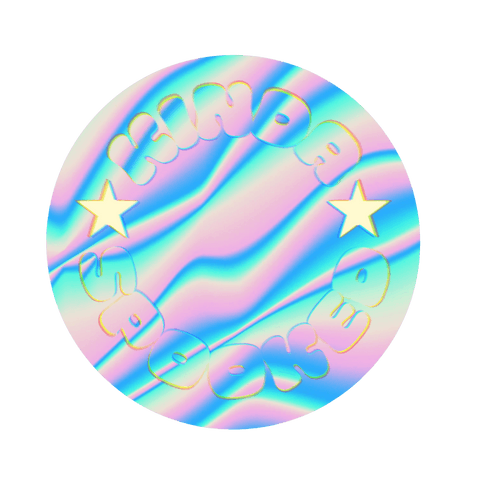 Transparent holographic badge with stars and swirling text