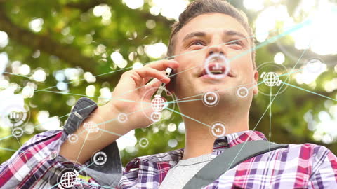 Young Man Using Smartphone with Digital Networking Overlay