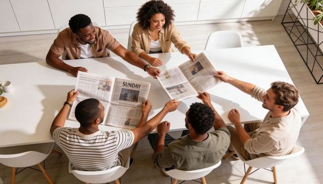 Diverse team sharing newspapers around white table, collaborating and discussing ideas in kitchen