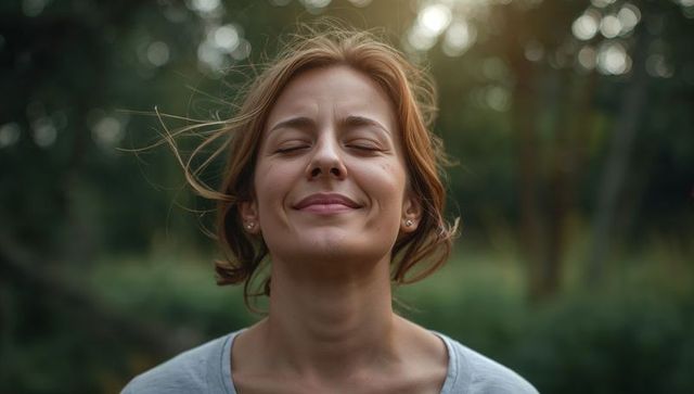Smiling woman enjoying golden hour in woodland, eyes closed, serene outdoor portrait
