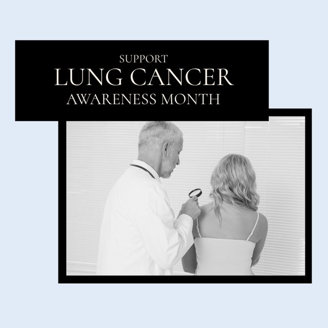 Image of lungs cancer awareness concept over photos with caucasian male doctor and patient. Health, medicine and cancer awareness concept.