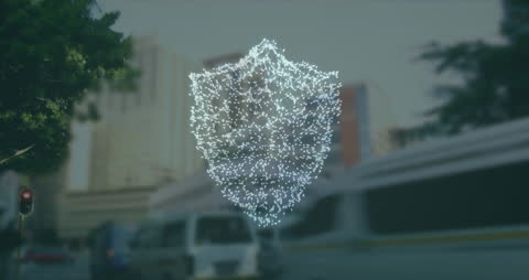 Digital Shield Overlaying Urban Cityscape for Data Security Concept