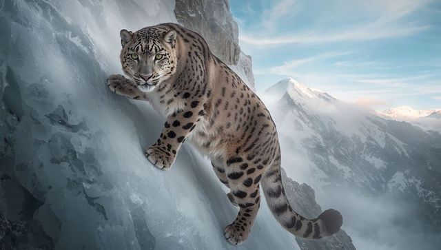 Snow leopard scaling icy alpine cliff with misty mountain backdrop and dramatic light