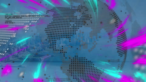 Digital Globe with Vibrant Network Streams Overlaying Metropolis Skyline