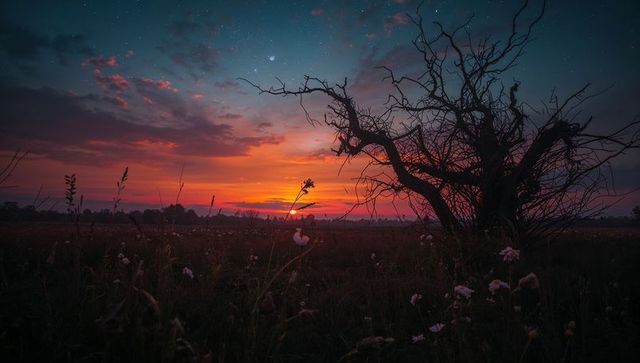 Twilight Overgleam: Silhouetted Tree in Flowered Meadow
