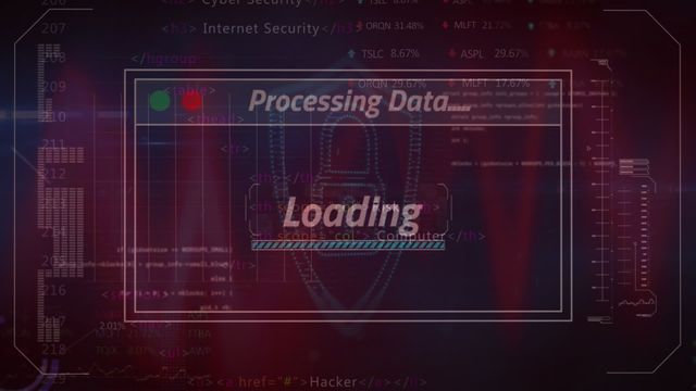 Animated scene depicting data processing with digital overlays. Ideal for illustrating concepts in cybersecurity, global business operations, and modern technological infrastructures. Useful for presentations, educational materials, and digital marketing visual content.