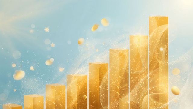 Rising golden bars chart with floating coins and radiant light rays