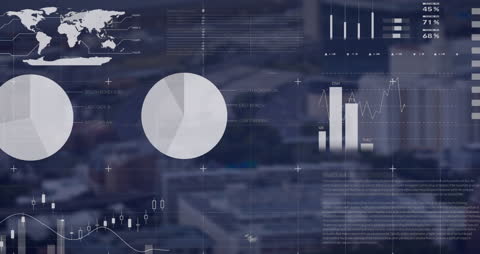 Digital Data Processing Over Cityscape With Global Charts