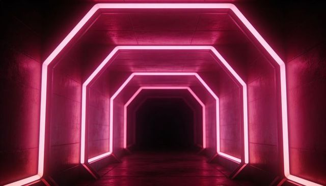 Futuristic Pink Neon Tunnel Leading into Dark Void with Geometric LED Frames, Magenta Glow