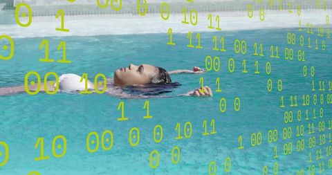 Teen girl floating in turquoise pool with binary code overlay, digital relaxation concept