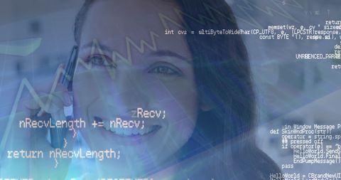 Businesswoman Talks on Smartphone with Digital Overlay