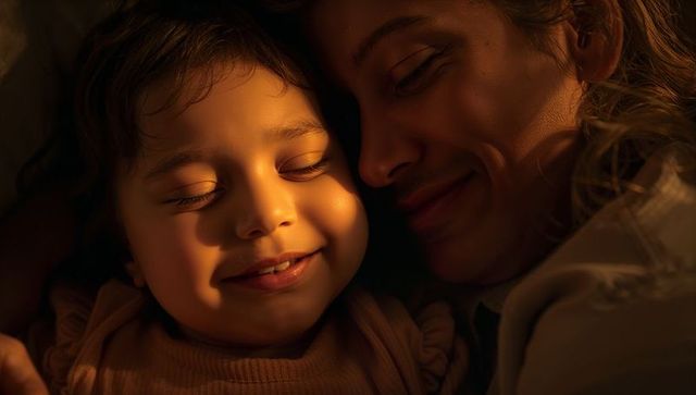 Mother cuddling daughter in warm golden light, bedtime closeness and tender bond