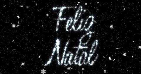 Feliz Natal Shimmering Snowflakes Text on Black Background