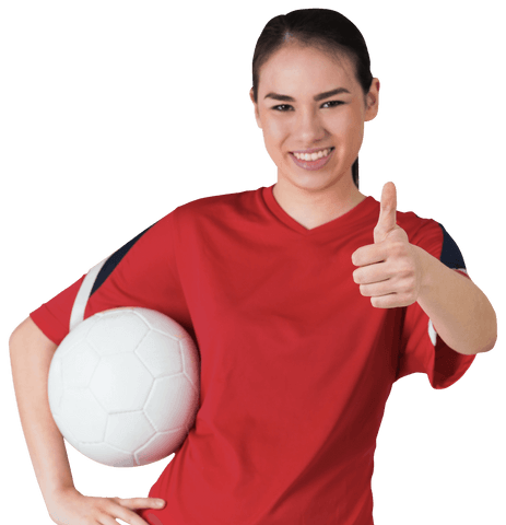 Smiling Female Athlete Holding Soccer Ball on Transparent Background