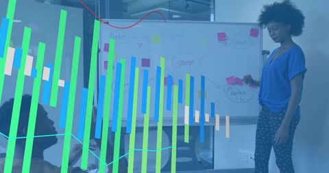 Business presenter placing sticky notes on whiteboard with data-driven bar chart overlay