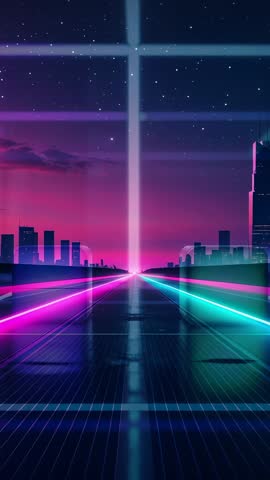 Pulsing Neon-Lit Highway Flowing Toward Distant Horizon Under Starry Cyberpunk Sky