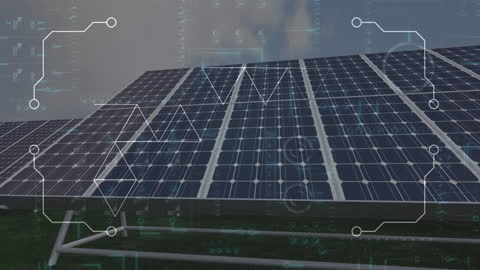 Futuristic Data Overlay on Solar Panels Depicting Energy Tech