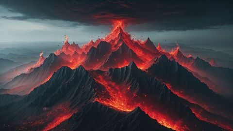 Fierce volcanic eruption illuminating night hell landscape