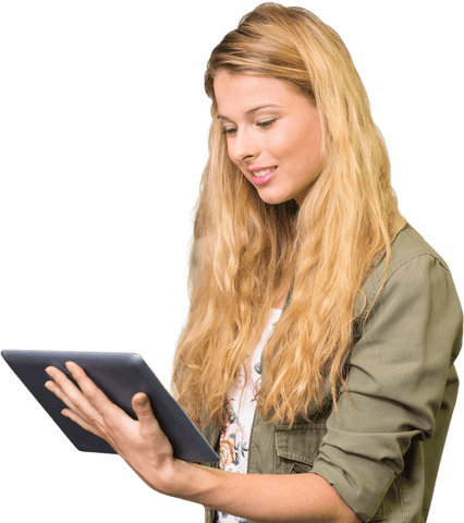 Cheerful Young Woman Engaging with Tablet on Transparent Background - Download Free Stock Videos Pikwizard.com