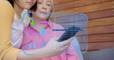 Mother and daughter studying mobile finance with AR overlay on smartphone at home sofa
