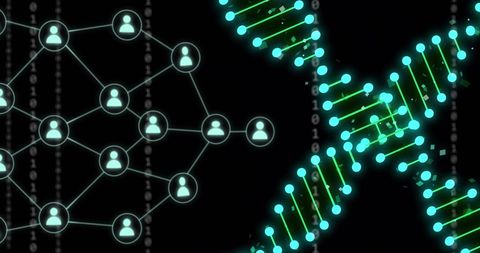 Dna strands and digital network on black background