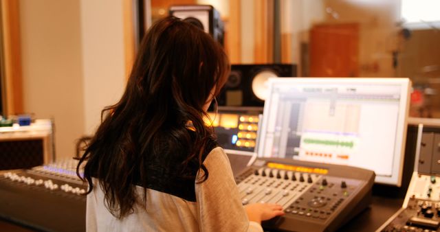 Audio engineer adjusting controls on mixing console while working on tracks in a professional recording studio. Ideal for topics related to music production, sound engineering, audio editing, and the music industry profession. Use in articles, blogs, and promotional materials involving audio production and technology.
