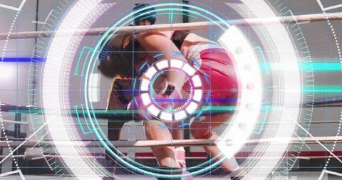 Women wrestlers grappling in ring with futuristic hud overlay, knee pads and action