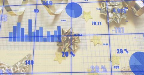 Central gold bow overlaying blue data charts on grid paper for festive business visuals