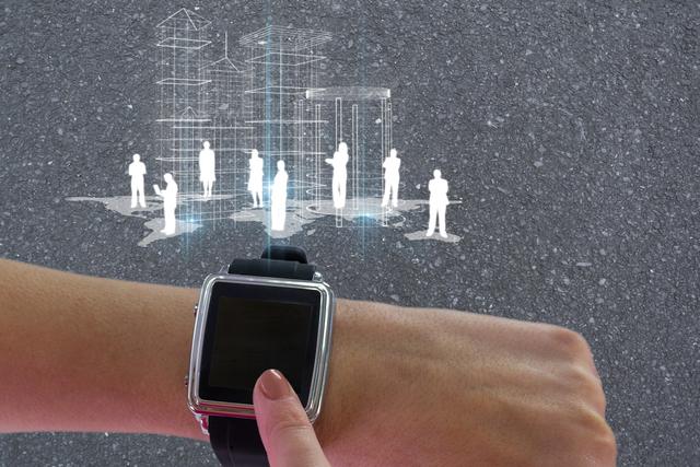 Finger touching smart watch displaying holographic people. Ideal for illustrating concepts of futuristic technology, wearable tech, digital innovation, and augmented reality. Suitable for tech blogs, articles on modern gadgets, and promotional materials for smart devices.