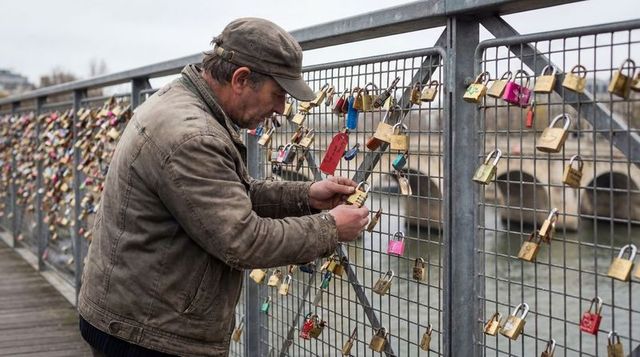 Man fastening love lock to bridge mesh railing over river during overcast winter day