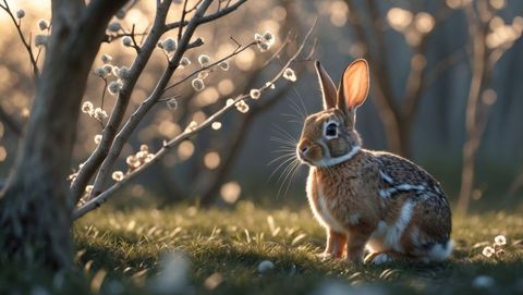 Wild cottontail rabbit in sunlit forest clearing with blossoming trees