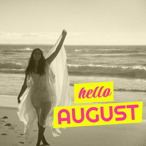 Joyful Woman Celebrating Summer on Beach with August Text