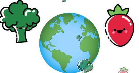 Cute cartoon vegetables surrounding earth for world vegan day