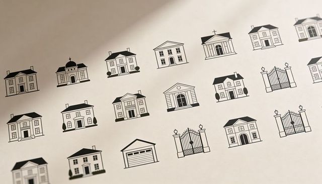 Displaying minimalist house icon set on cream paper with soft shadow and grid layout