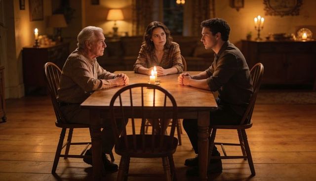 Candlelit multigenerational family discussion around wooden table warm evening tension