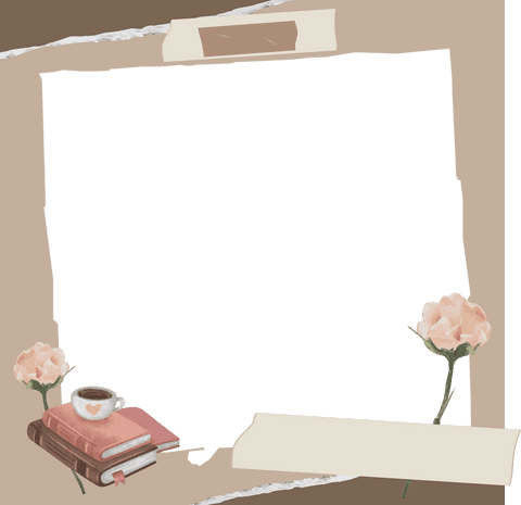 Vintage floral stationery with books and cup on transparent background