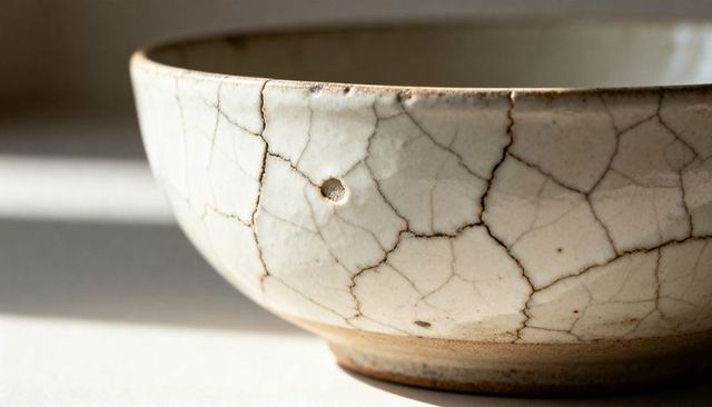 Antique crackle glaze ceramic bowl close-up showing chip, foot ring and patina in sunlight