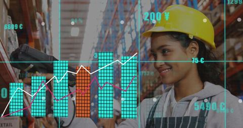 Smiling worker scanning items in warehouse with digital financial chart overlaying stock market. Perfect for concepts related to logistics, digital transformation in warehousing, economic growth, global trade analytics, and innovative business solutions.