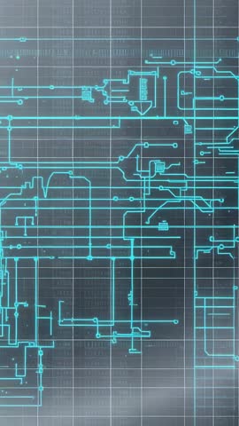 Vertical Tech Interface Displaying Neon Circuit Schematic on Grid During Startup Sequence
