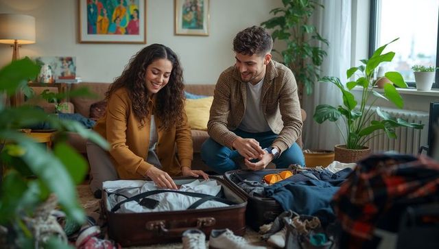 Couple packing suitcases together in cozy living room preparing weekend getaway