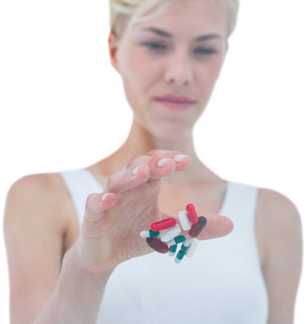 Blond Woman Discarding Bunch of Pills on Transparent Background - Download Free Stock Videos Pikwizard.com