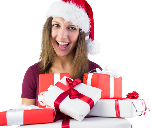 Smiling Woman in Santa Hat Holding Gift Pile with Transparent Background - Download Free Stock Videos Pikwizard.com