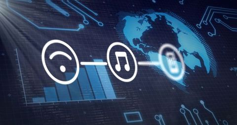 Global digital dashboard showing security lock, media controls, analytics bars and network icons