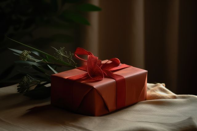 Close up of red gift with ribbon and flowers, created using generative ai technology. Gift, present, giving and celebration concept digitally generated image.