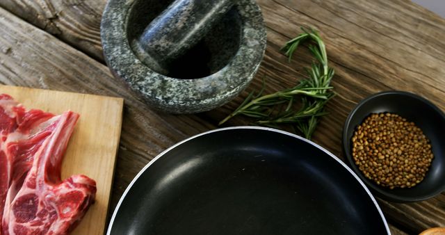 Raw Lamb Chops with Cooking Utensils on Wooden Table - Download Free Stock Images Pikwizard.com