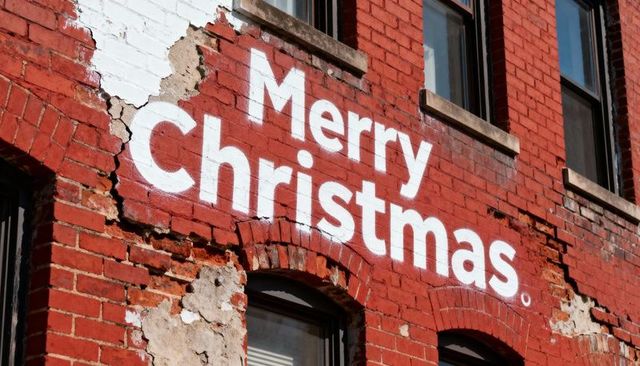 Merry christmas mural featuring weathered red brick facade with arched windows