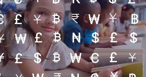 Children reading in classroom with currency symbol overlay for financial literacy education