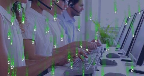 Call Center Agents Typing with Binary Overlay for Tech Support, Data Security, Teamwork